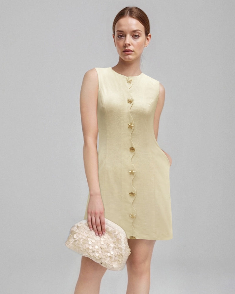Women's Sleeveless Tailored Mini Dress with Wavy Button Placket