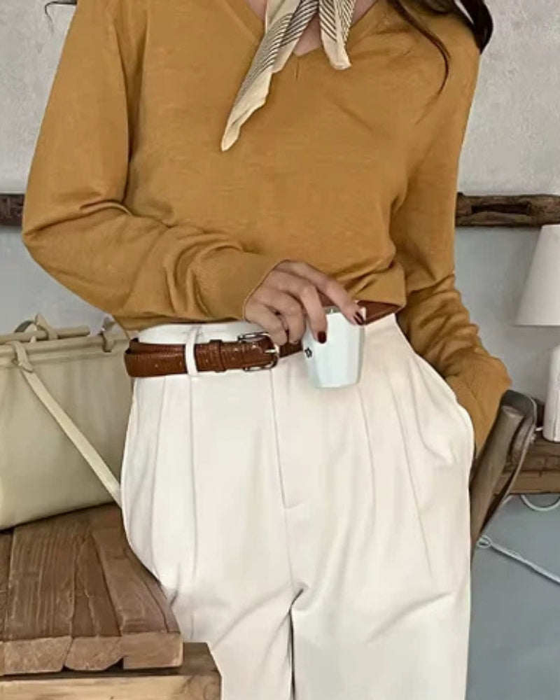 Women's Straight Cut Trousers with Pleated Front and Belt Loops