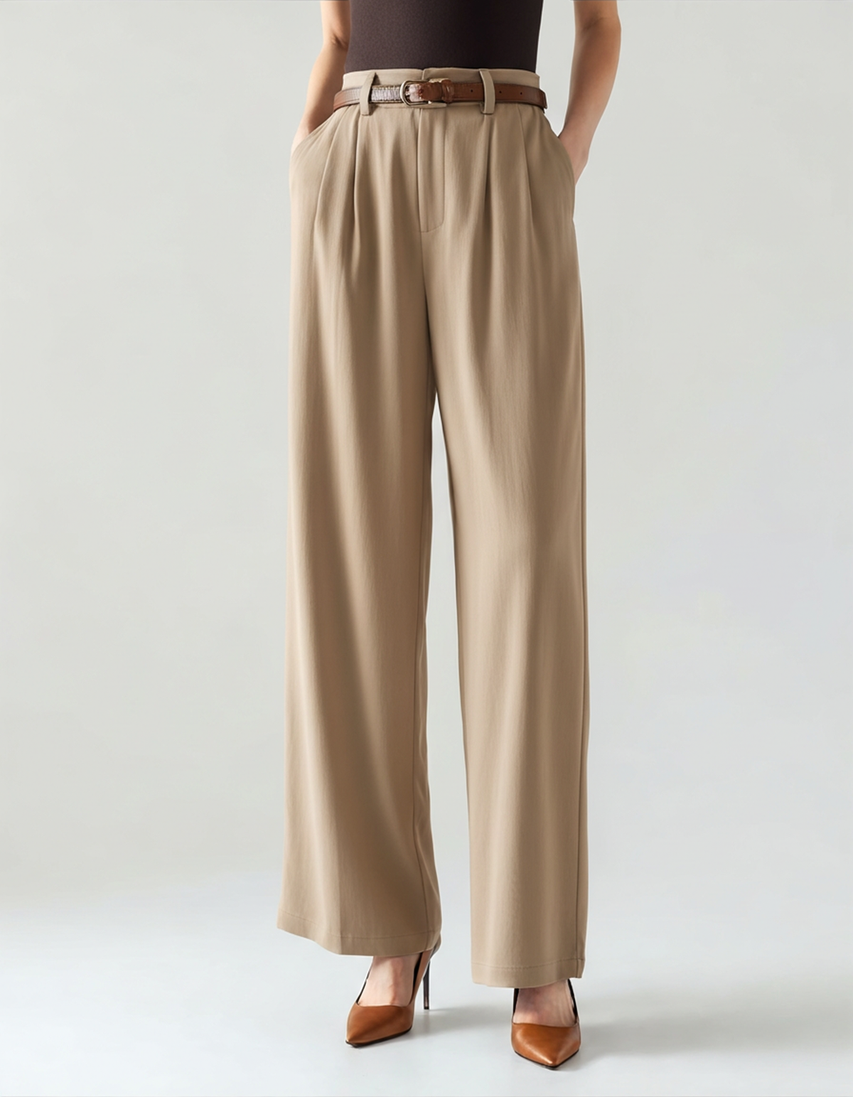 Women's Straight Cut Trousers with Pleated Front and Belt Loops - Khaki