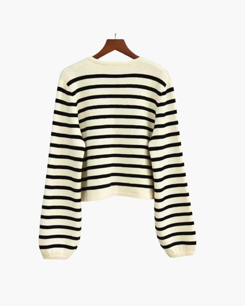 Women's Striped Knit Vest with Round Neck and Gold-Tone Buttons
