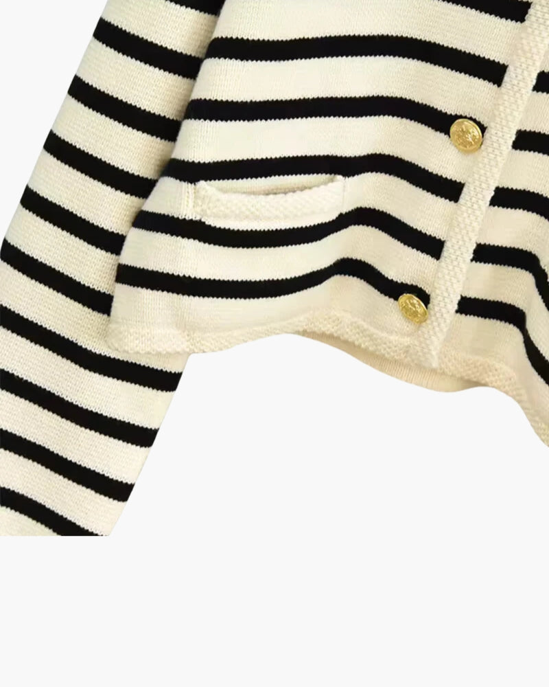 Women's Striped Knit Vest with Round Neck and Gold-Tone Buttons