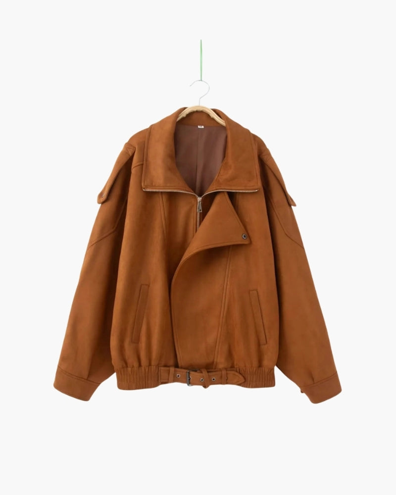 Women's Suede-Look Bomber Jacket with Wide Lapel and Shoulder Flaps - Brown