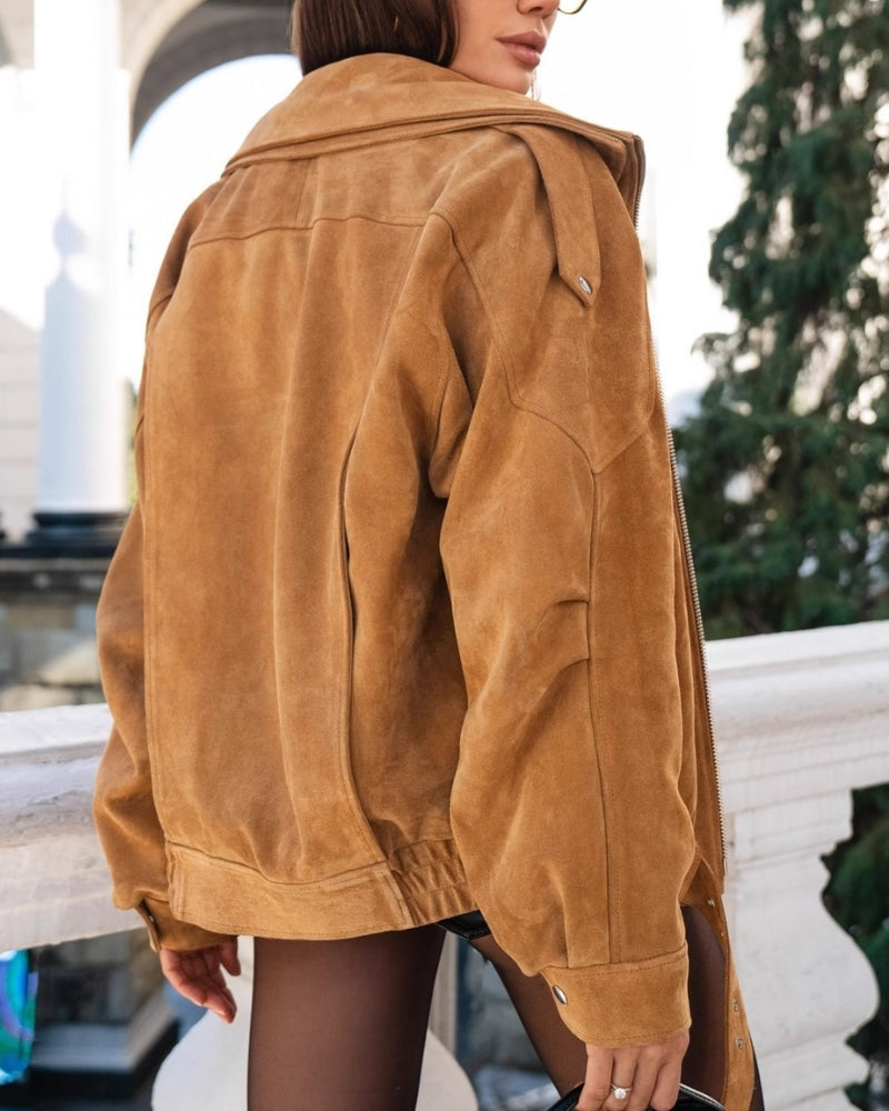 Women's Suede-Look Bomber Jacket with Wide Lapel and Shoulder Flaps
