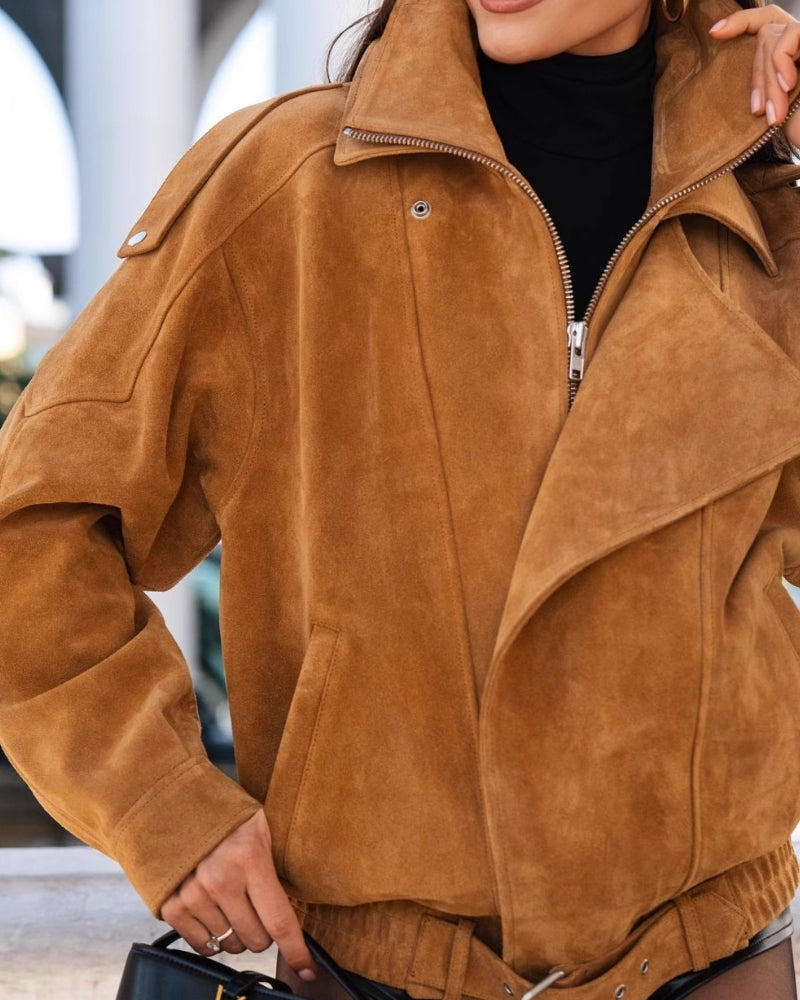 Women's Suede-Look Bomber Jacket with Wide Lapel and Shoulder Flaps
