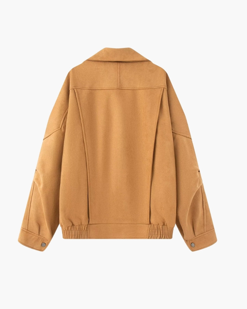 Women's Suede-Look Bomber Jacket with Wide Lapel and Shoulder Flaps