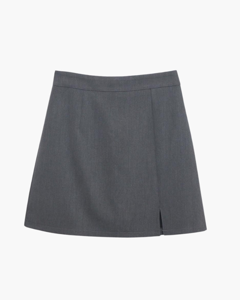 Women's Tailored Mini Skirt with Side Slit and Back Zip - Grey