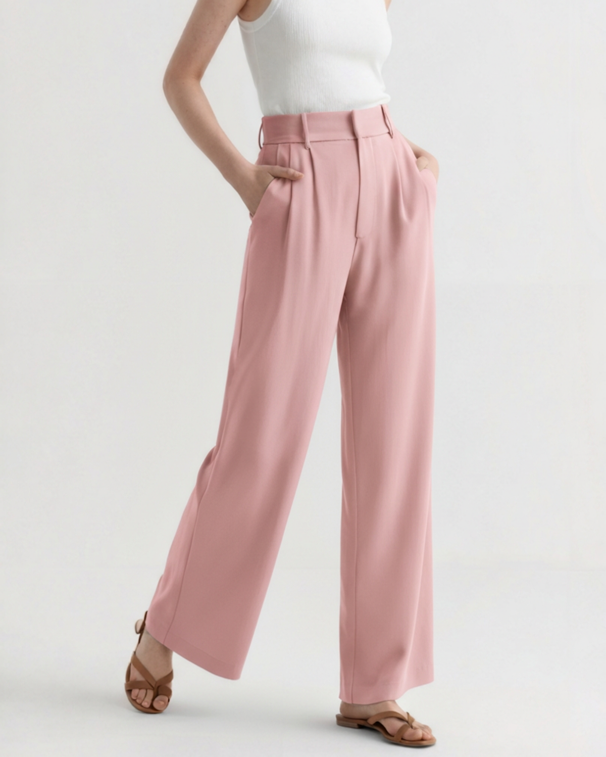 Women's Tailored Wide Leg Trousers with Pleats and High Waist - Pink