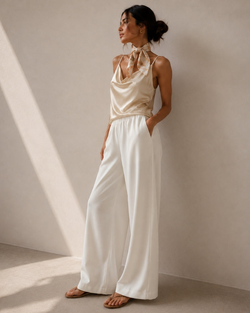 Women's Wide Leg Trousers with Elastic Waist and Fluid Drape