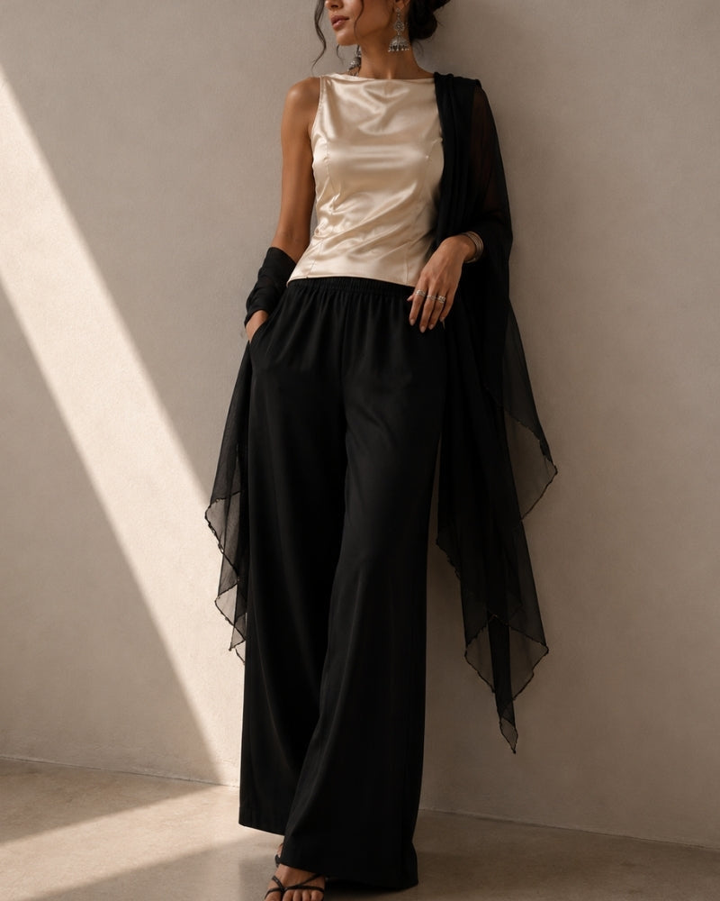 Women's Wide Leg Trousers with Elastic Waist and Fluid Drape